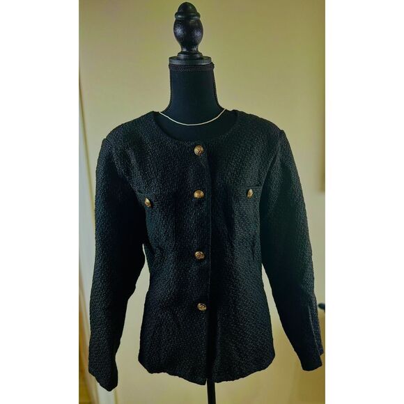 Vintage Black Textured Blazer with Gold‎ Buttons Classic Professional Wear - Picture 1 of 4